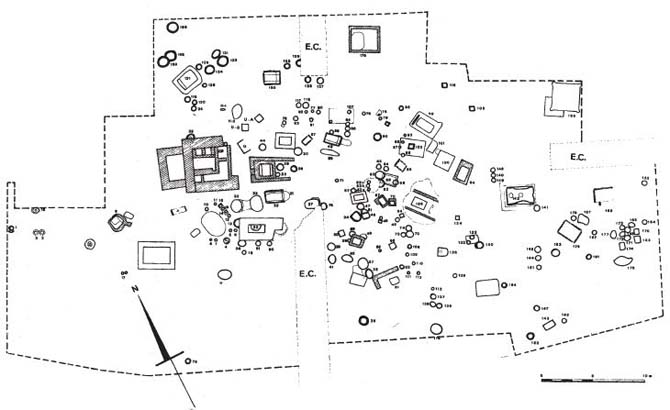 Figura 5: Plano de la Necr&oacute;polis de Baza, Granada. Localizaci&oacute;n de la Tumba de la Dama de Baza: la n&uacute;mero 155, esquina superior derecha. Un peque&ntilde;o cuadrado, con otro espacio adjunto en el v&eacute;rtice inferior de la izquierda.