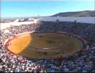 Vista general de la Plaza de Toros. Pueden verse puertas de entrada a la misma, por encima de las gradas
