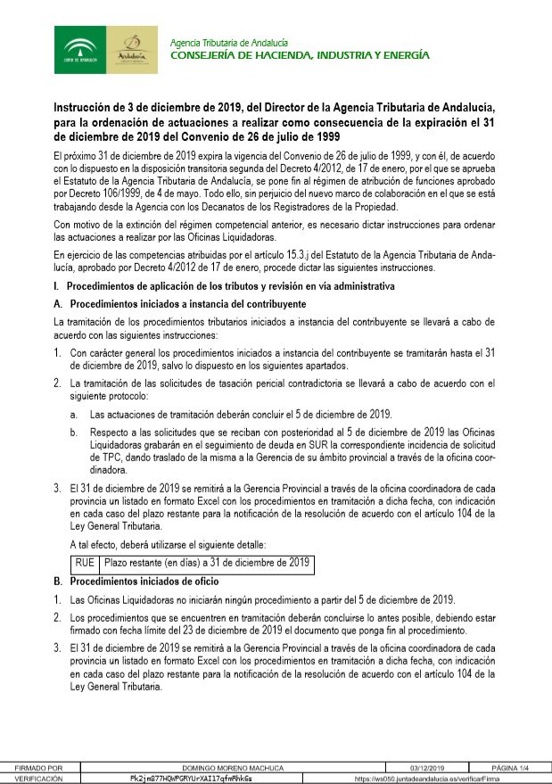Instrucción de 3 de diciembre de 2019