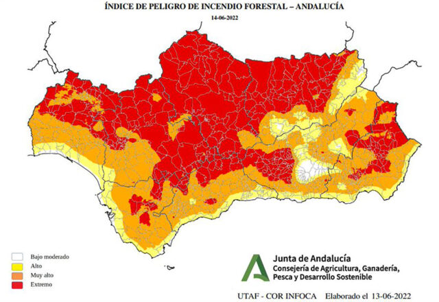 INFOCA_Indice de peligro forestal en Andalucia 14 de junio