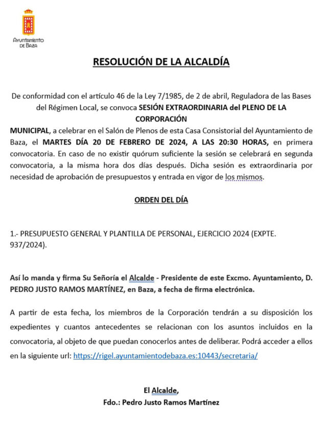 Convocatoria pleno extra presupuestos 2024