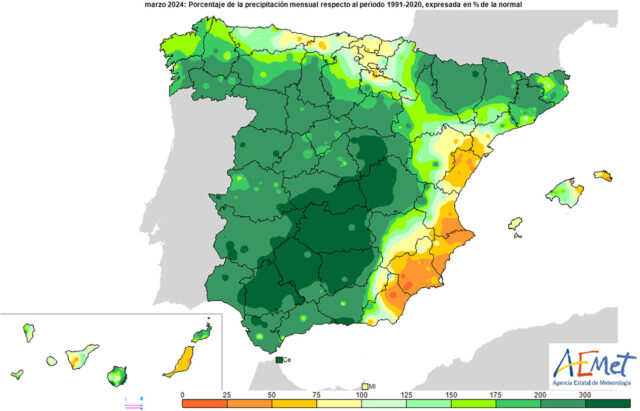 240408 Porcentaje de la precipitación con respecto a lo normal en marzo de 2024.